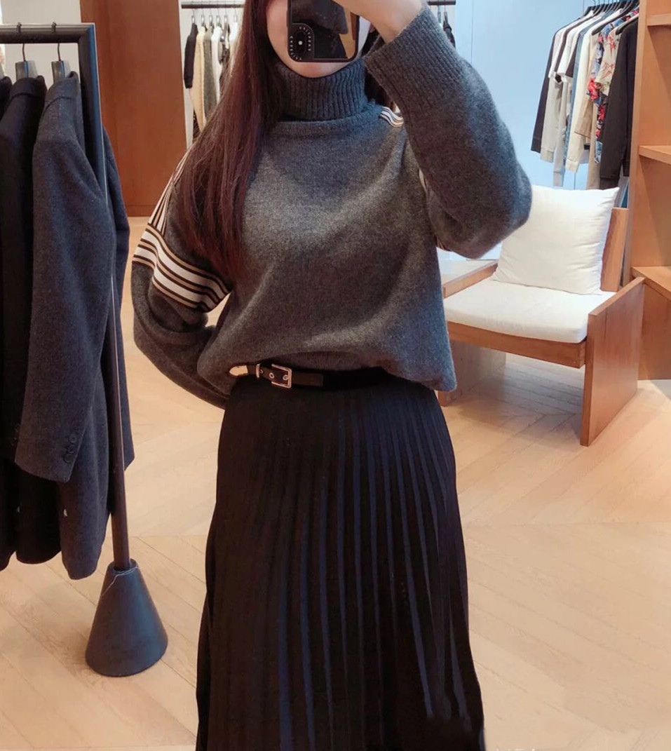 羊毛混纺高领条纹针织上衣
