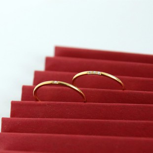 【不褪色水洗】钛钢极细微镶三粒钻锆石简约闺蜜细尾戒指金色素圈