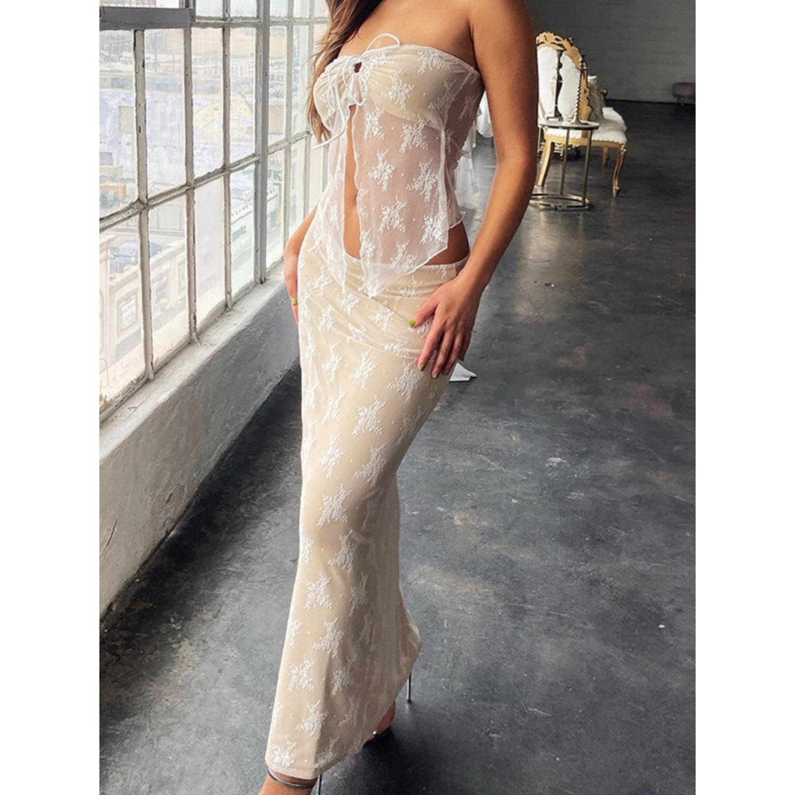 欧美时尚经典女装气质蕾丝抹胸夏季两件套新品套裙度假白色长裙黑