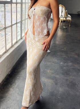 欧美时尚经典女装气质蕾丝抹胸夏季两件套新品套裙度假白色长裙黑