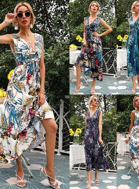 2021 women's fashion ins print sexy V-neck sleeveless dress