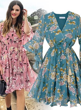 Women Summer Chiffon Dress Print Skirt Big Plus Size Dresses