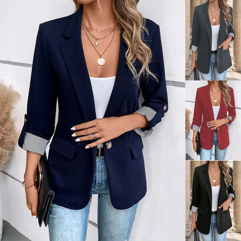 women suit ladies mini tops休闲纽扣西服修身七分卷袖西装外套