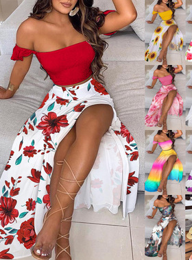 2022 Summer Slim Print Mid Length Retro Tube Top Suit 连衣裙