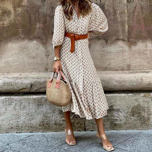 Printed V-neck Bubble Sleeve Dress 气质印花V领泡泡袖连衣裙