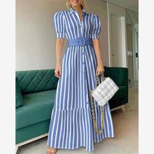 Women striped print dress 欧美女装条纹泡泡袖衬衫连衣裙