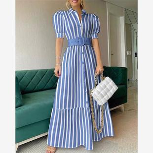 Women striped print dress 欧美女装条纹泡泡袖衬衫连衣裙