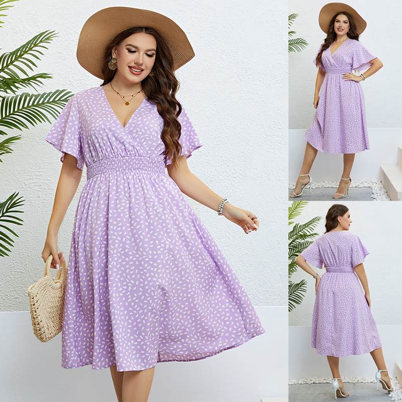 plus size V neck summer dress 夏季V领紫色宽松大码连衣裙