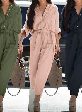 新款休闲翻领纯色腰带工装连体裤V领束脚长裤Casual romper woman