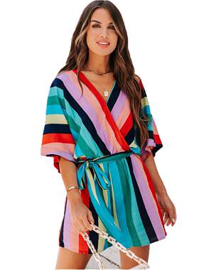 夏季新品V领彩虹条印花系带度假沙滩宽松阔腿连体短裤女Jumpsuits