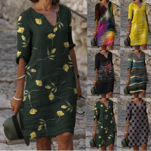 2022 Summer Print Loose Floral Short Sleeve Women's Retro