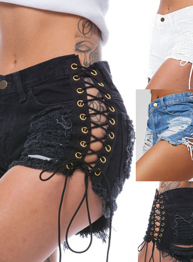 Women's new lace-up frayed denim shorts hot pants women
