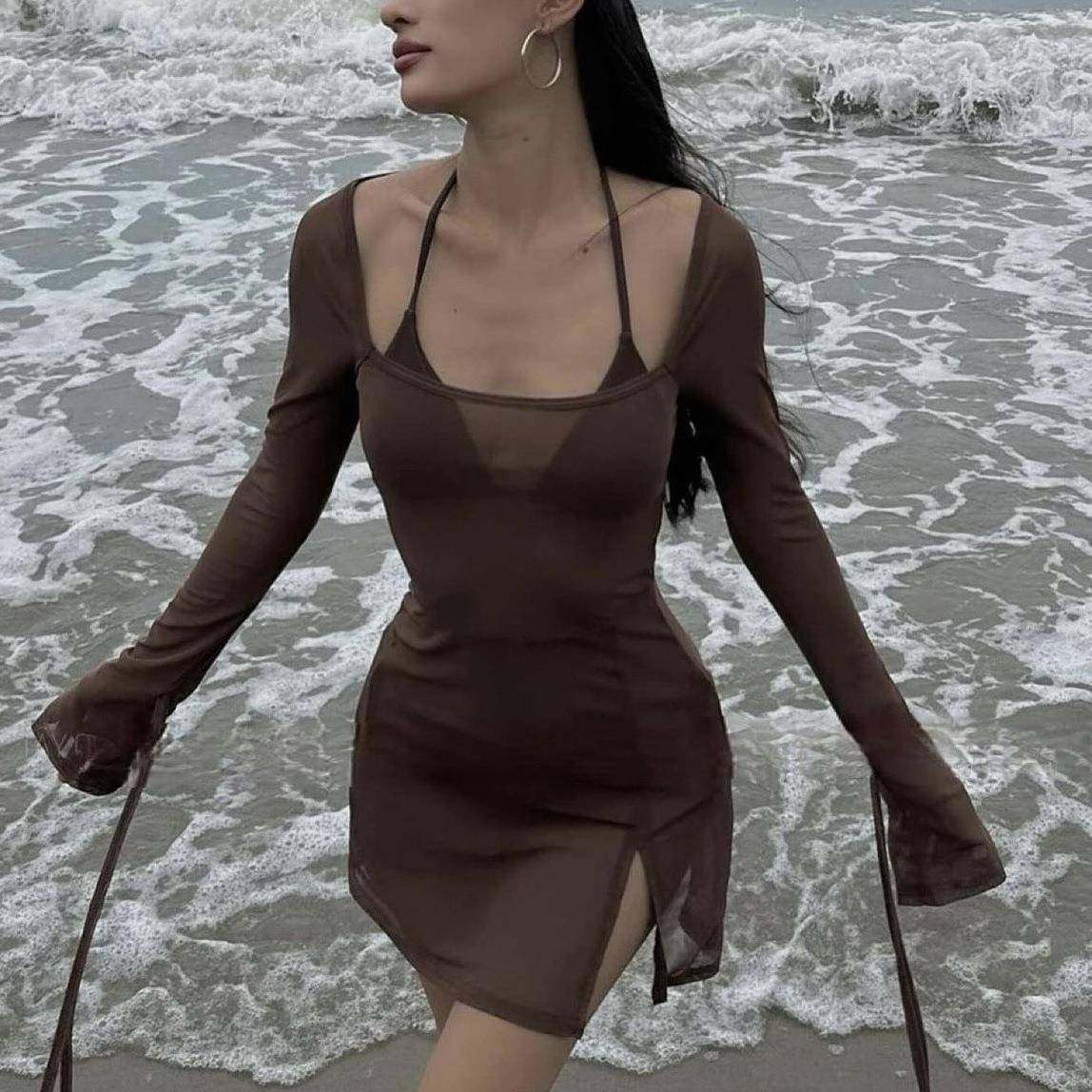 韩国ins风长袖罩衫辣妹比基尼三件套装挂颈系带性感咖色游泳衣女