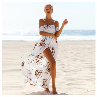 long dress  beach summer  Floral print chiffon  maxi dress