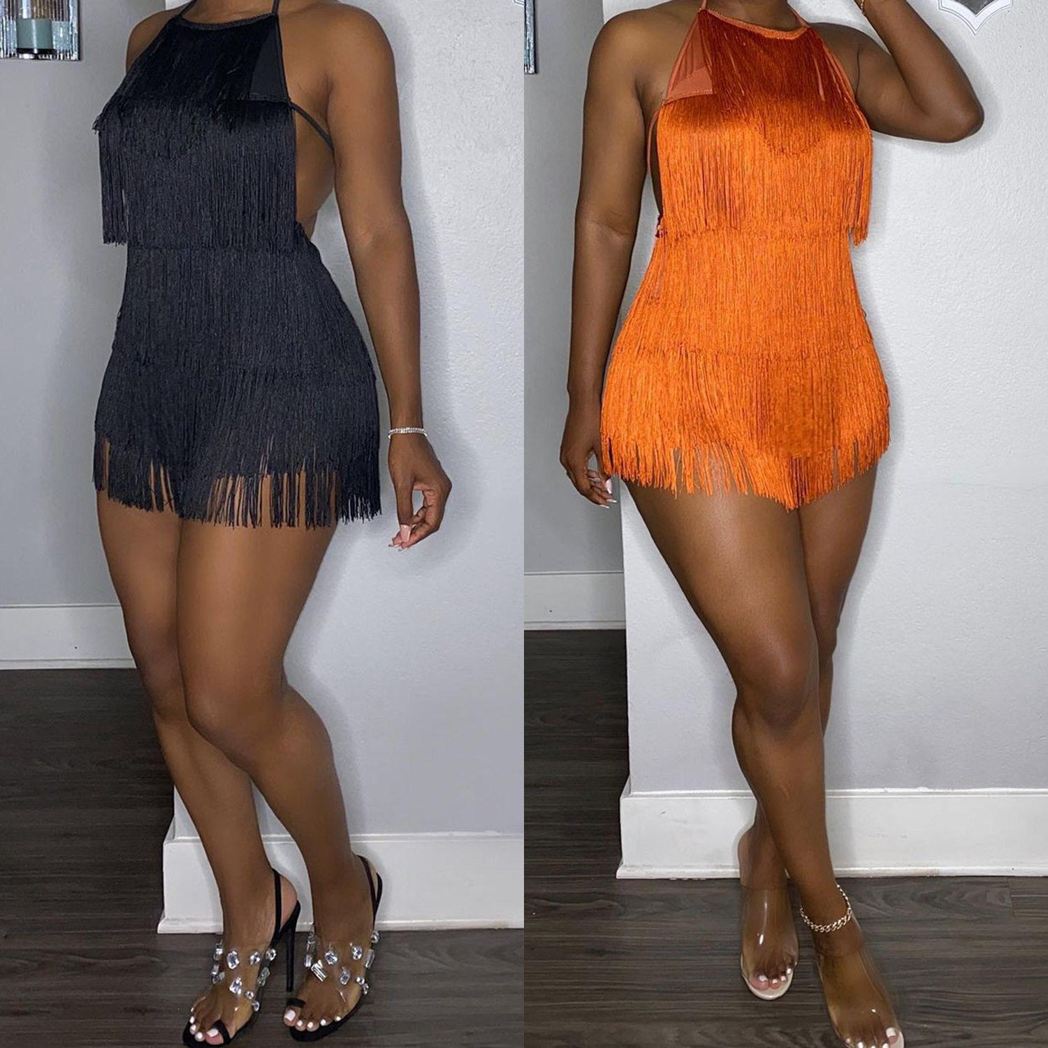 女性时尚性感紧身流苏吊带连衣裤女性