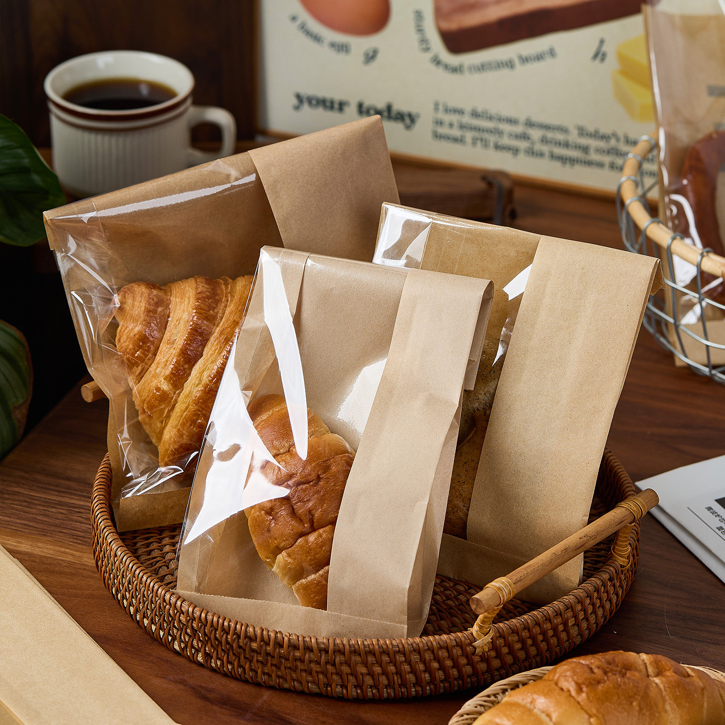 贝果可颂欧包碱水吐司面包包装袋烘焙西点牛皮纸透明开窗打包袋子