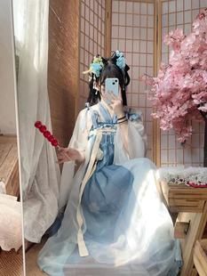 齊胸襦裙唐制漢元 唐韻輕衫 玉藍(lán)色 素印花褶裙夏款 鋪原創(chuàng)漢服女