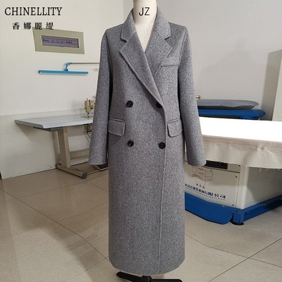 加厚双面羊绒大衣灰色翻领连帽