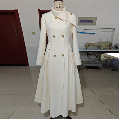 羊驼绒加厚伞摆冬季高端灰白色黑长款双面羊绒大衣保暖毛呢外套女