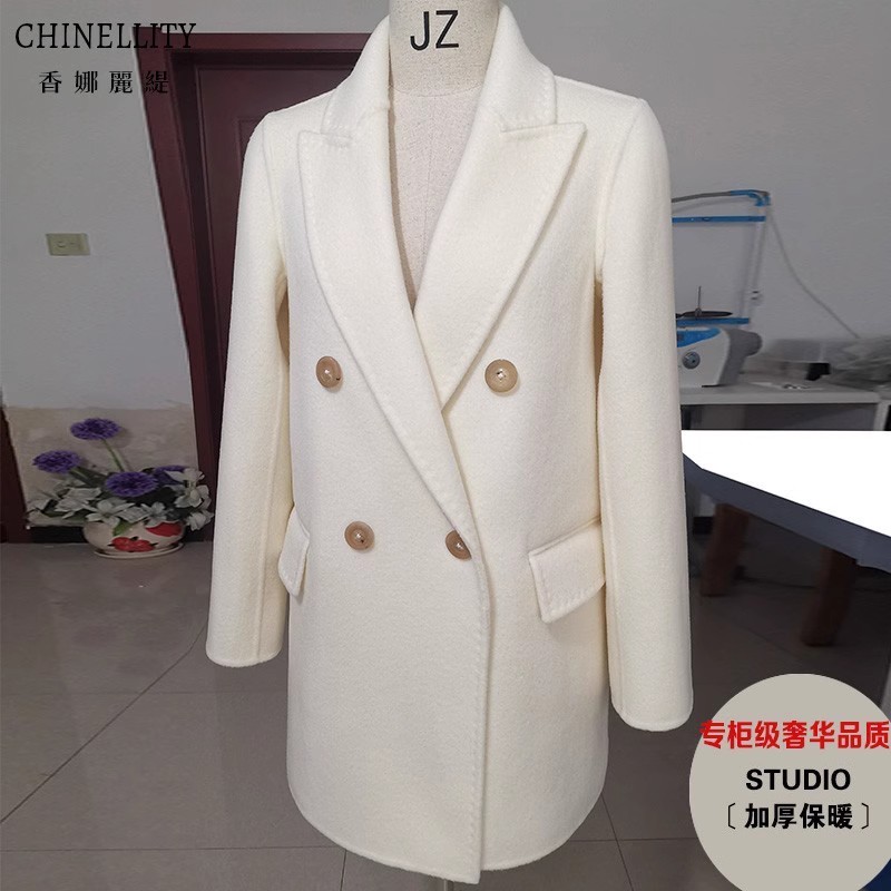 双面羊绒大衣白色双排扣