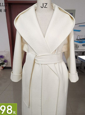 加厚保暖连帽高端不起球白色黑色红色气场秋冬新款双面羊绒大衣女