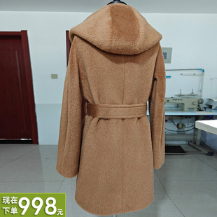 连帽加厚羊驼绒阿尔巴卡高端带里衬白色短款大衣超保暖毛呢外套女