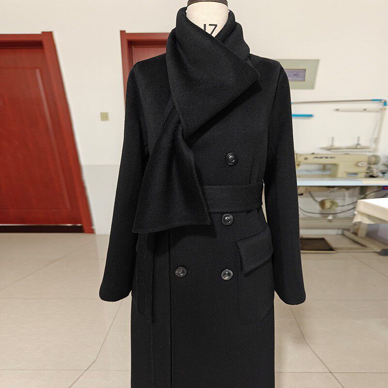 骆驼绒围巾款加厚高端灰色白色黑长款双面羊绒大衣保暖毛呢外套女