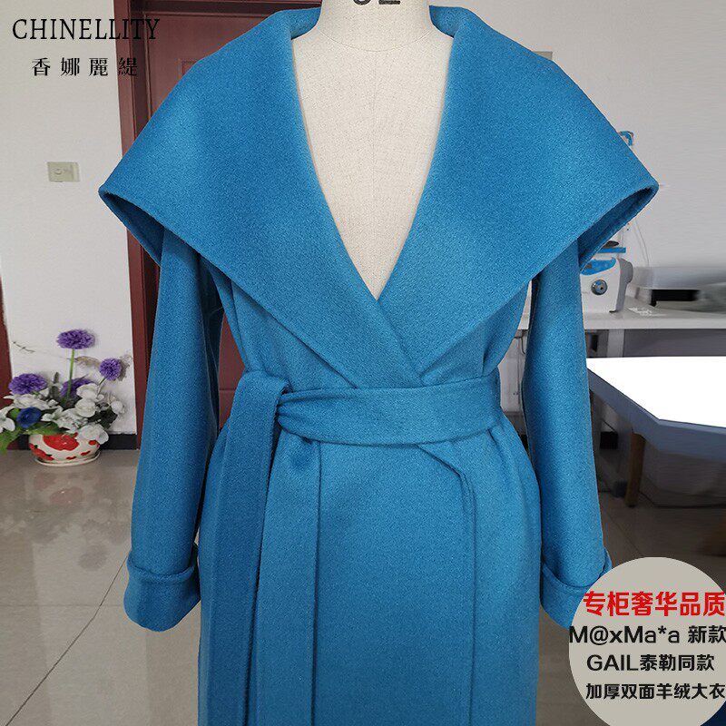 加厚蓝色中长款双面羊绒大衣