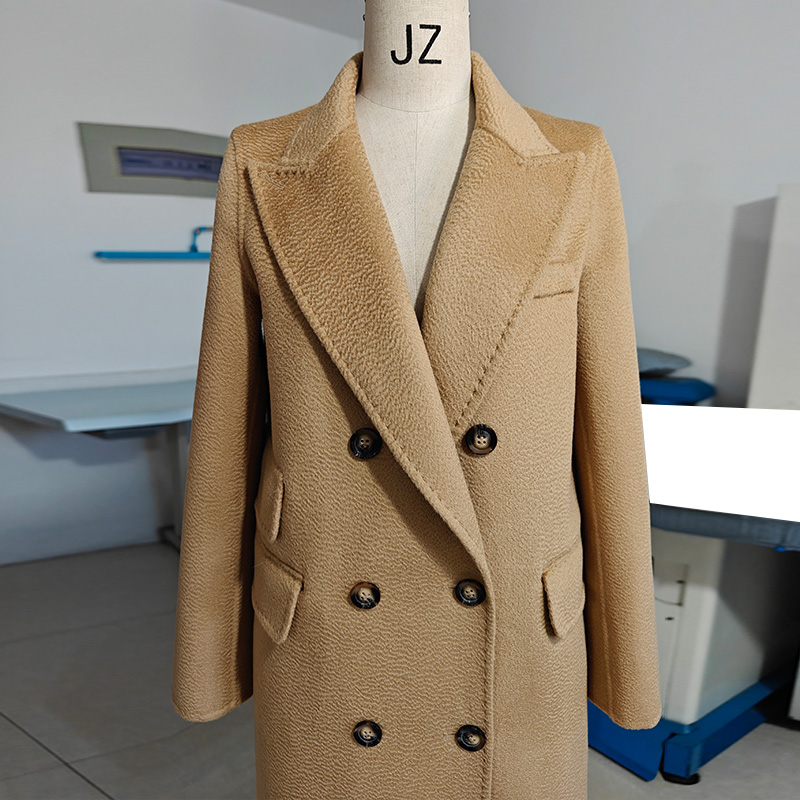 101801水波纹双面羊绒大衣高端驼色蓝色秋冬新款羊毛外套女