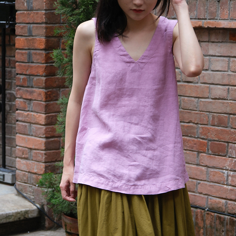 inLESS丨Toast Garment Dyed 亚麻V领背心上衣女
