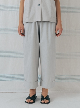 inLESS丨muku cuffed hems 肌理感直筒休闲裤宽松圆领衬衫上衣女