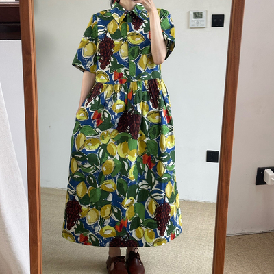 inLESS丨Toast Sketched Fruit Print 英国 纯棉短袖印花连衣裙女