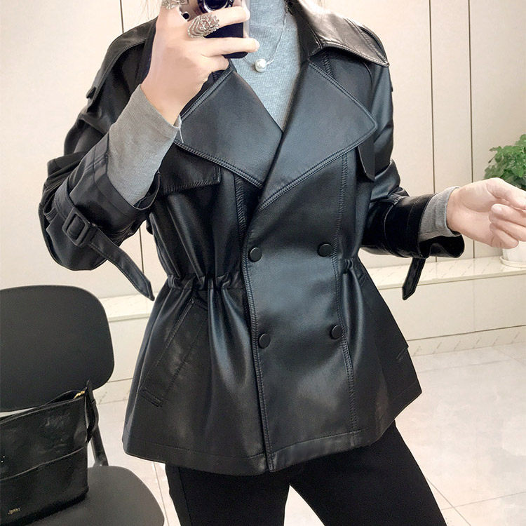 皮衣女外套2025秋冬装新款西装领双排扣收腰夹加棉保暖气质皮风衣