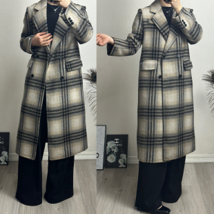 宽松 学院风长毛加厚双面羊毛大衣韩版 2024秋冬新款 三线格长款