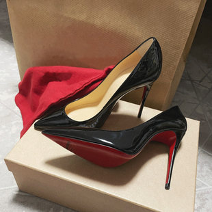 法式真皮CL红底高跟鞋女露趾尖头细跟黑色漆皮时尚浅口单鞋御姐风