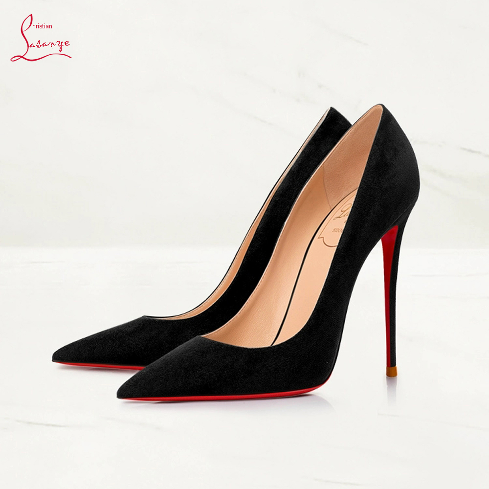 Lasanye新款黑色牛反绒CL红底高跟鞋细跟浅口真皮漆皮尖头单鞋女