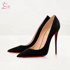 Lasanye New Black Suede Cl Red-Soled High Heels Stiletto Shallow Genuine Leather Patent Leather Pointed Toe Single Shoes for Women