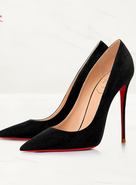 Lasanye新款黑色牛反绒CL红底高跟鞋细跟浅口真皮漆皮尖头单鞋女