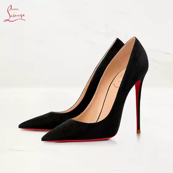 Lasanye New Black Suede Cl Red-Soled High Heels Stiletto Shallow Genuine Leather Patent Leather Pointed Toe Single Shoes for Women