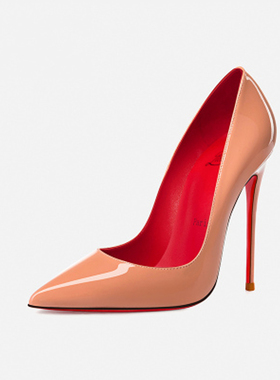 路森艳红底高跟鞋女细跟新款红内里秋黑色漆皮真皮职业单鞋120mm