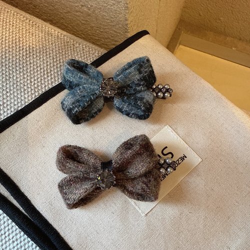 复古毛线蝴蝶结水钻发夹侧边夹