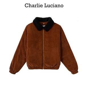 保暖加厚外套女 Charlie Luciano标识刺绣灯芯绒羽绒服男2024冬季