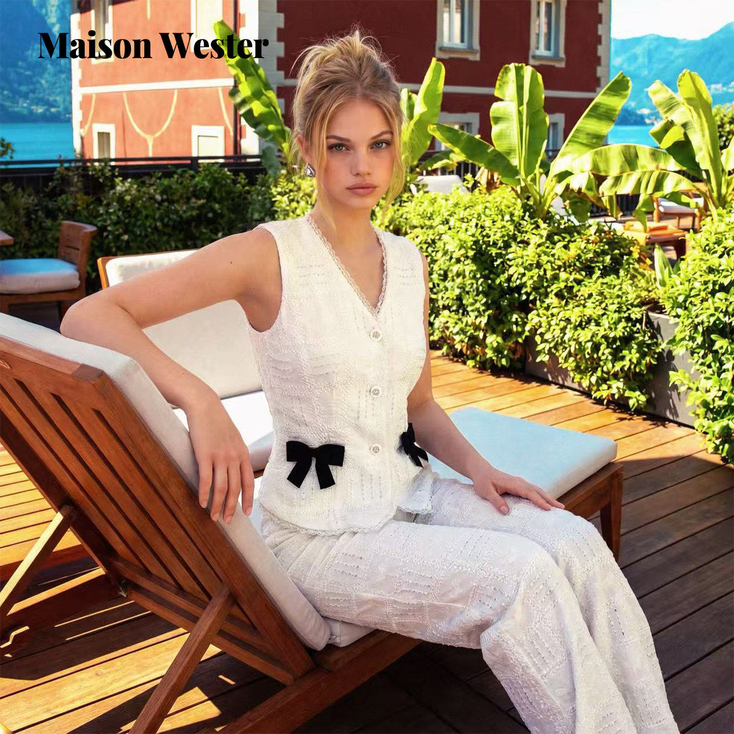 Maison Wester2026年夏新品重工蕾丝装饰黑蝴蝶结通勤无袖外搭背