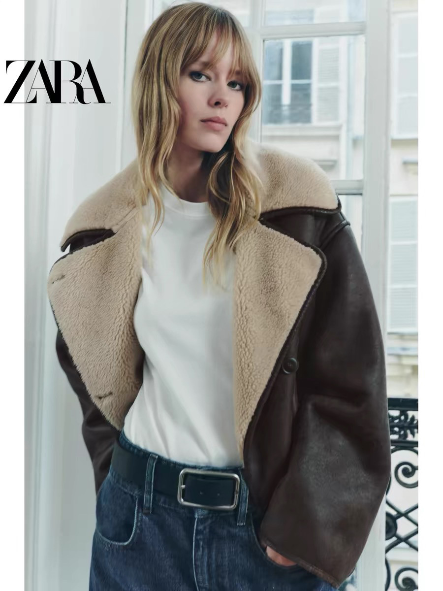 Женская замшевая куртка с хлопковой подкладкой из натуральной кожи ZARA средней длины контрастного цвета, теплая двусторонняя куртка с плюшевой хлопковой подкладкой с лацканами 3548246 Изображение 1