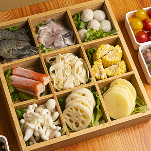 竹制九宫格小吃盘火锅蔬菜拼盘分格竹盒日式干果盒点心盒烤肉托盘