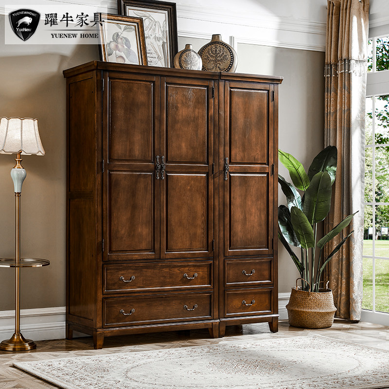 美式复古实木大衣柜卧室家用三门组合小衣柜木质柜子成品免安装,住宅家具,独立衣柜,淘宝优惠券,粉丝福利购,淘宝优惠卷