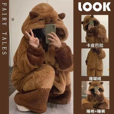 可爱卡通小浣熊珊瑚绒连体睡衣冬季新款可外穿高定女睡衣夏女睡衣