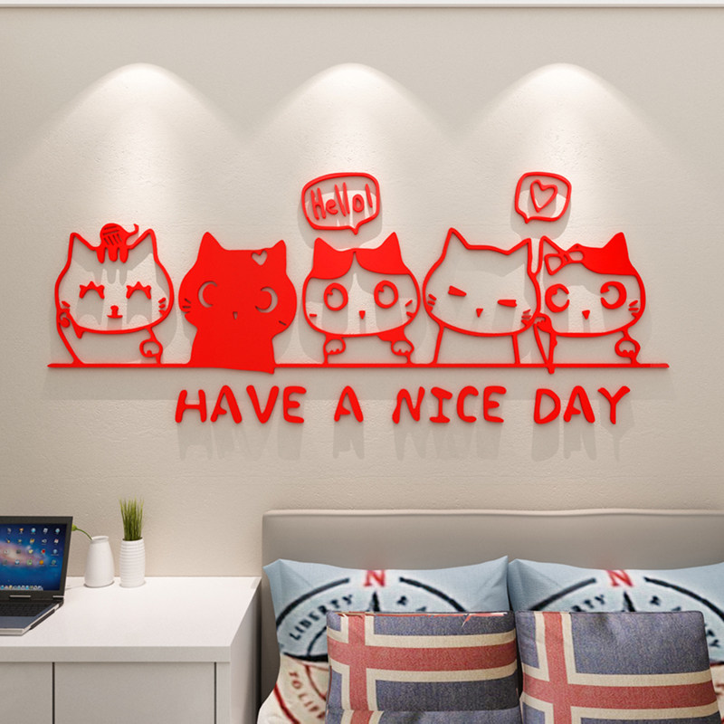 热销可爱猫咪卡通贴纸自粘儿童房卧室床头装饰贴画客厅电视背景墙