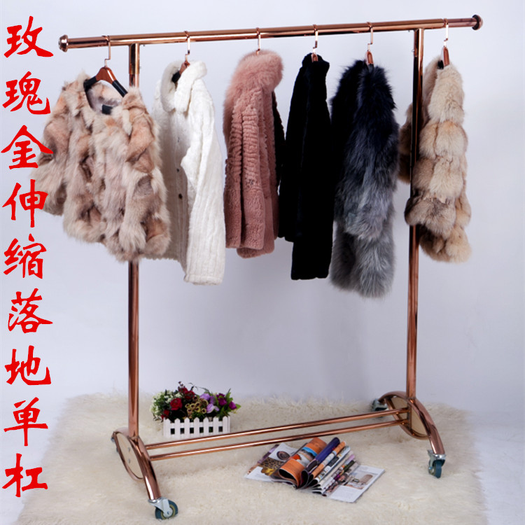 热销服装店不锈钢电镀衣架展示架加厚玫瑰金伸缩落地单杠带轮子晾