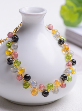 多宝黑发晶橄榄石草莓晶灰月光天然七彩糖果色水晶手串圆珠手链